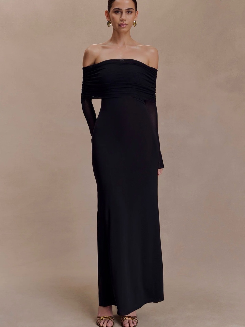 Meshki Black Off-Shoulder Ruched Evening Gown